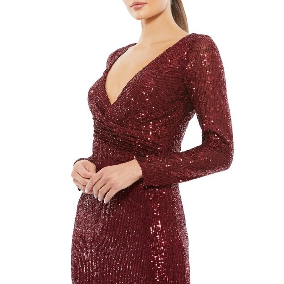 NWT Mac Duggal Sequined Faux Wrap Long Sleeve Column Gown Wine 4 - Picture 2 of 8